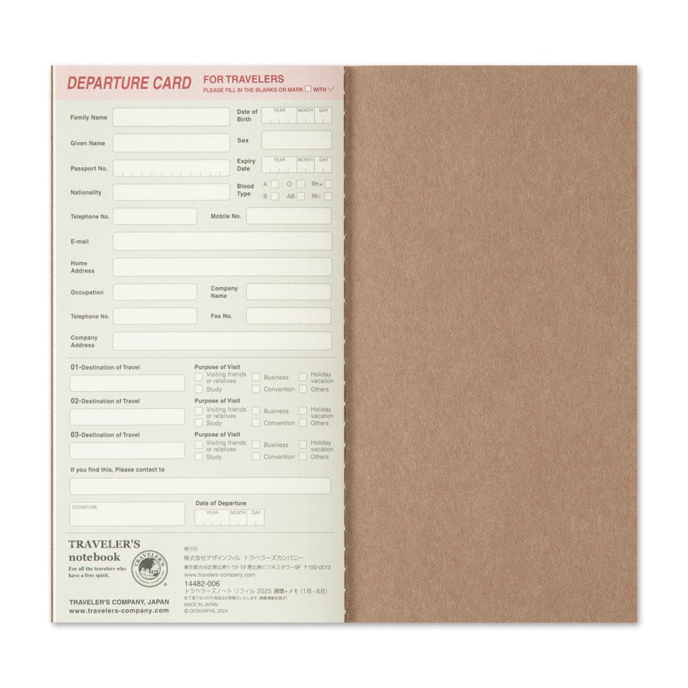 Agenda 2025 Hebdomadaire Verticale - Taille Standard - TRAVELER’S NOTEBOOK REFILLS